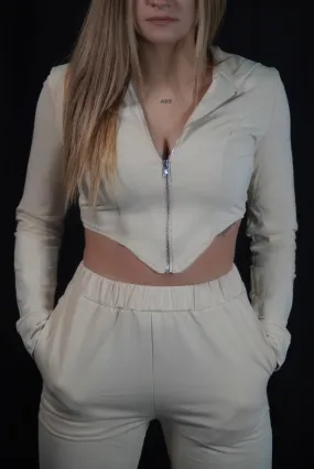 TRENING 'BEIGE DIVA' - Trening dama din 2 piese cu bluza tip corset pantaloni