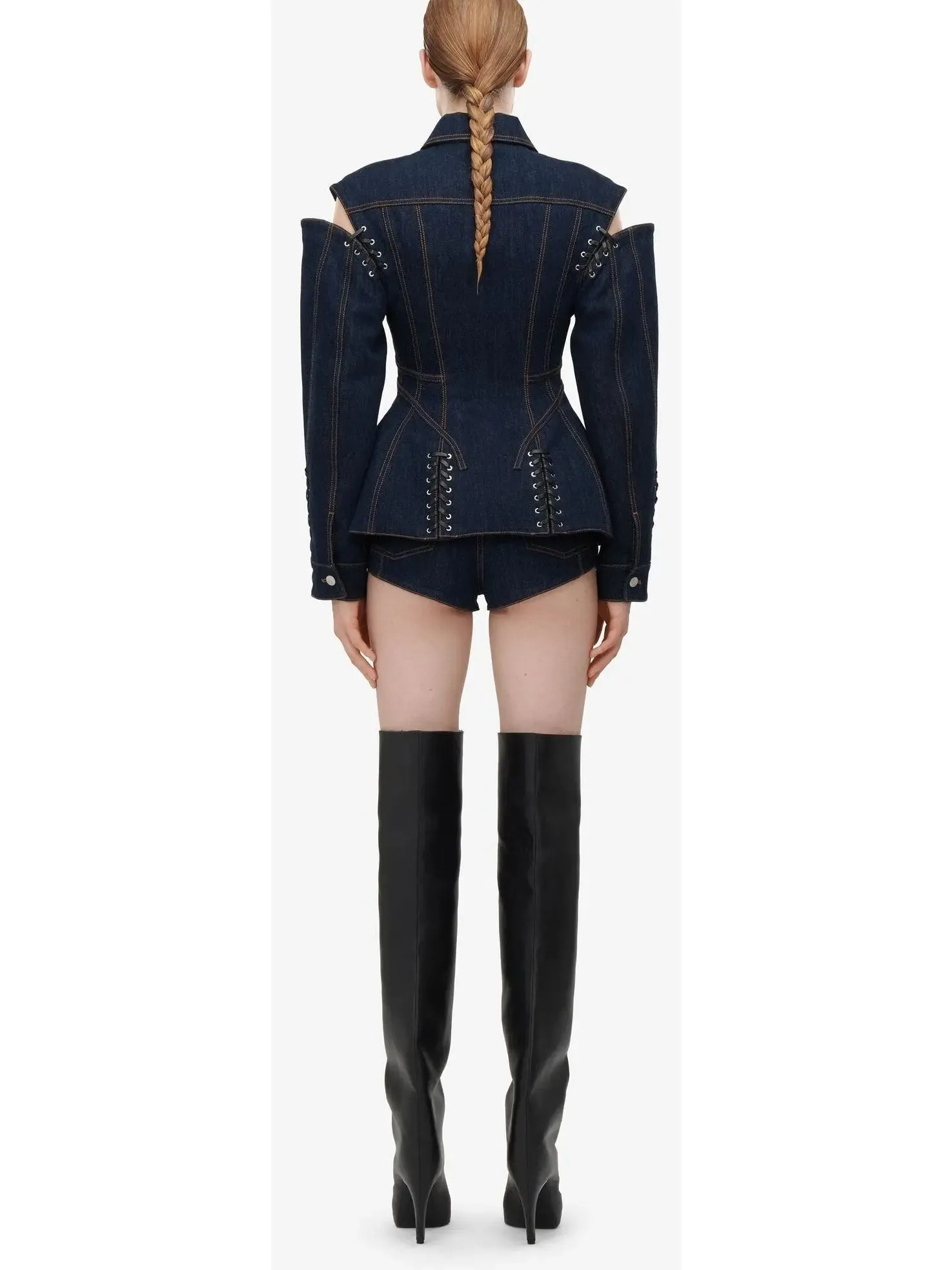 Women’s Corset Style Open-Shoulder Denim Jacket with Lace-up Details